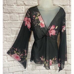 Vtg Y2K Poetry Top Sheer Flare Sleeves Floral Fairy Boho Babydoll Hippie Whimsy